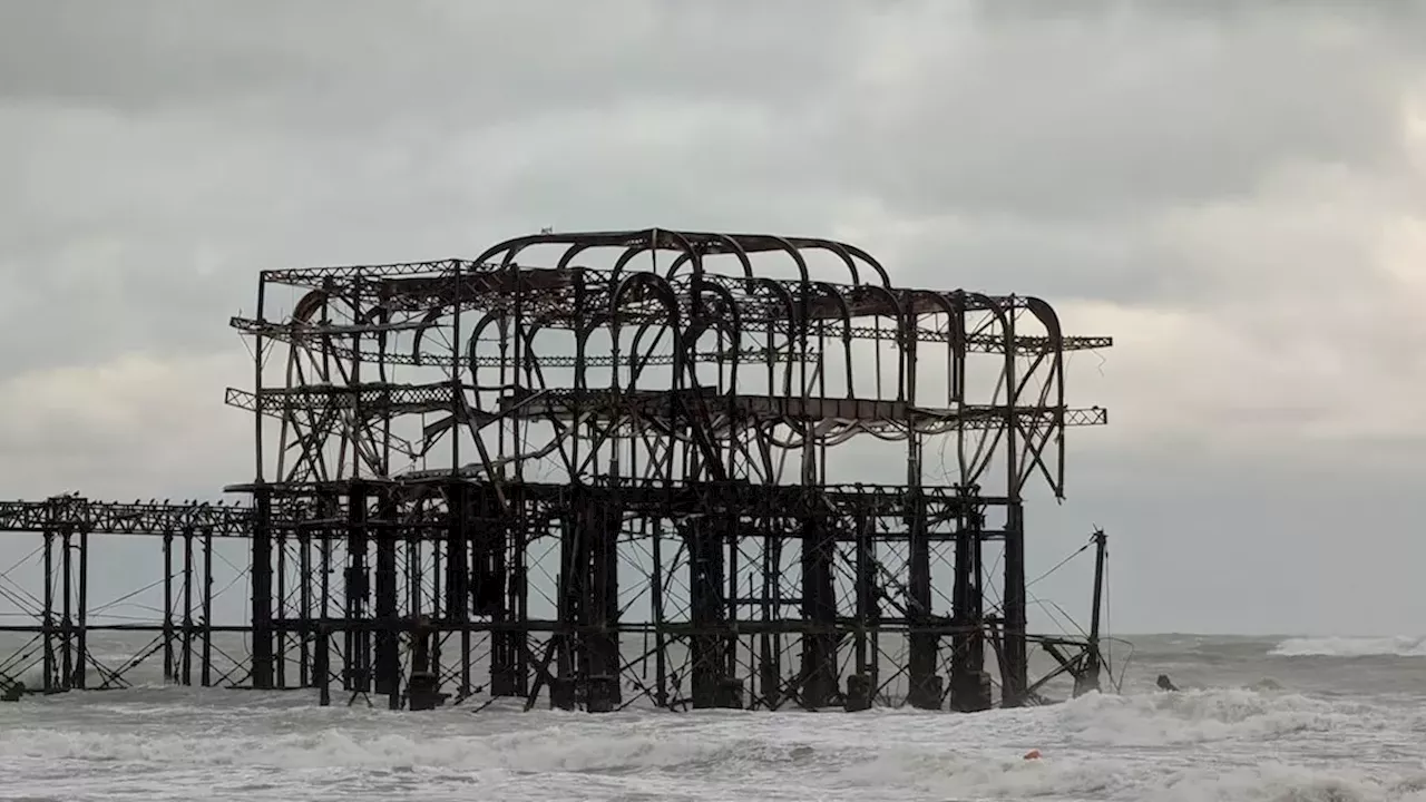 West Pier ruins collapse into sea as Storm Austen hits England